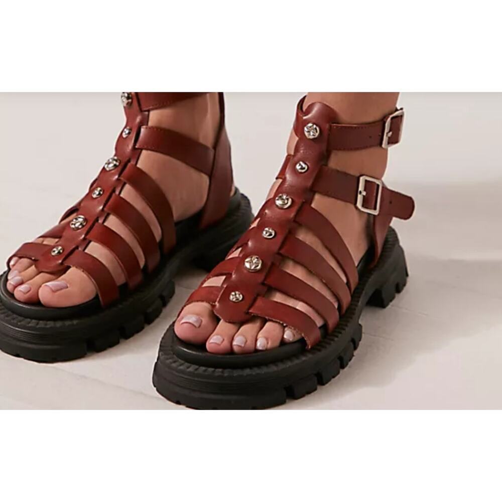 Free People Hadley Hammered Fisherman Stud Sandals Brown Size 39 US 9